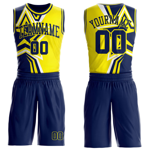 Custom Navy-Light Yellow Geometric Stripe Star Color Block Round Neck Sublimation Basketball Uniform Jersey