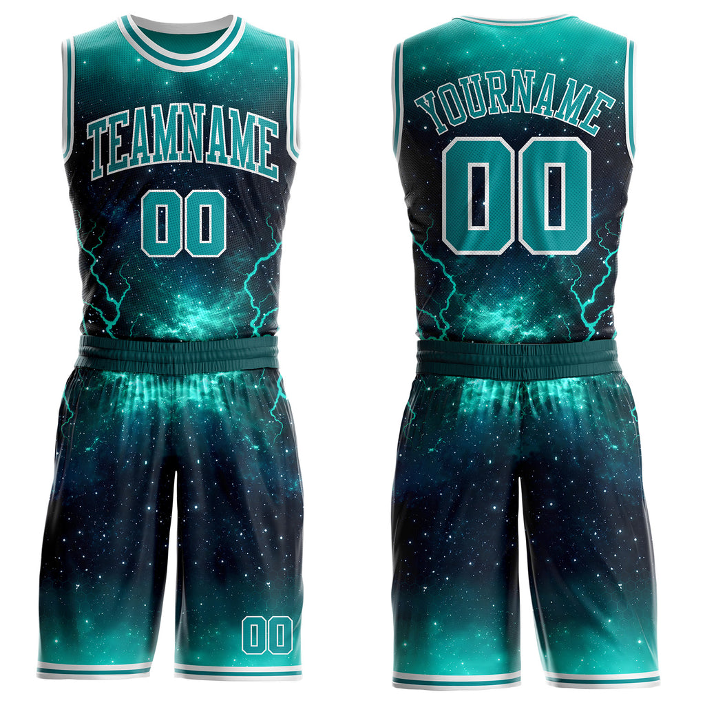 Custom Blue Teal-White Lightning Nebula Starry Aurora Galaxy Space Round Neck Sublimation Basketball Uniform Jersey