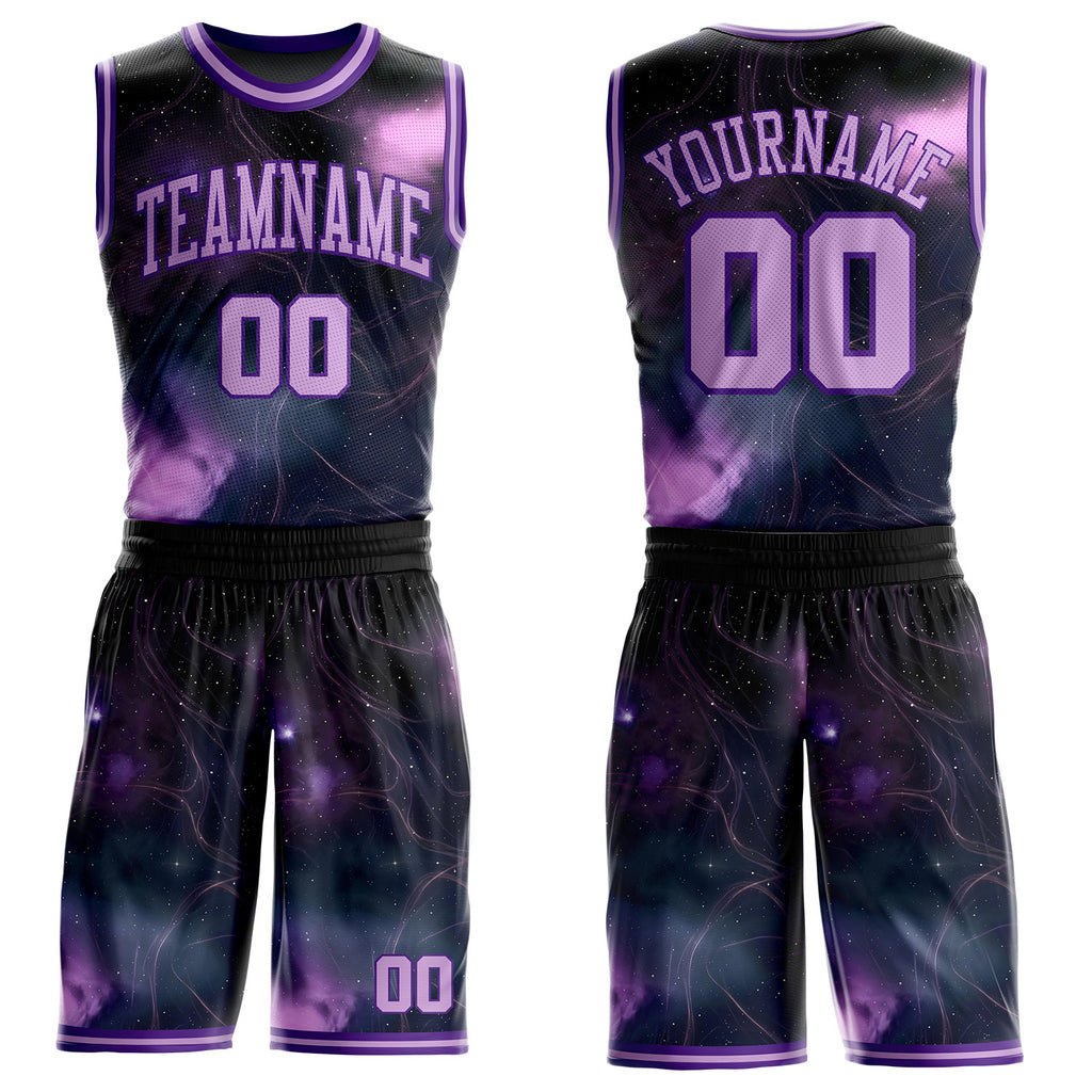 Custom Purple-Light Purple Nebula Starry Aurora Galaxy Space Round Neck Sublimation Basketball Uniform Jersey