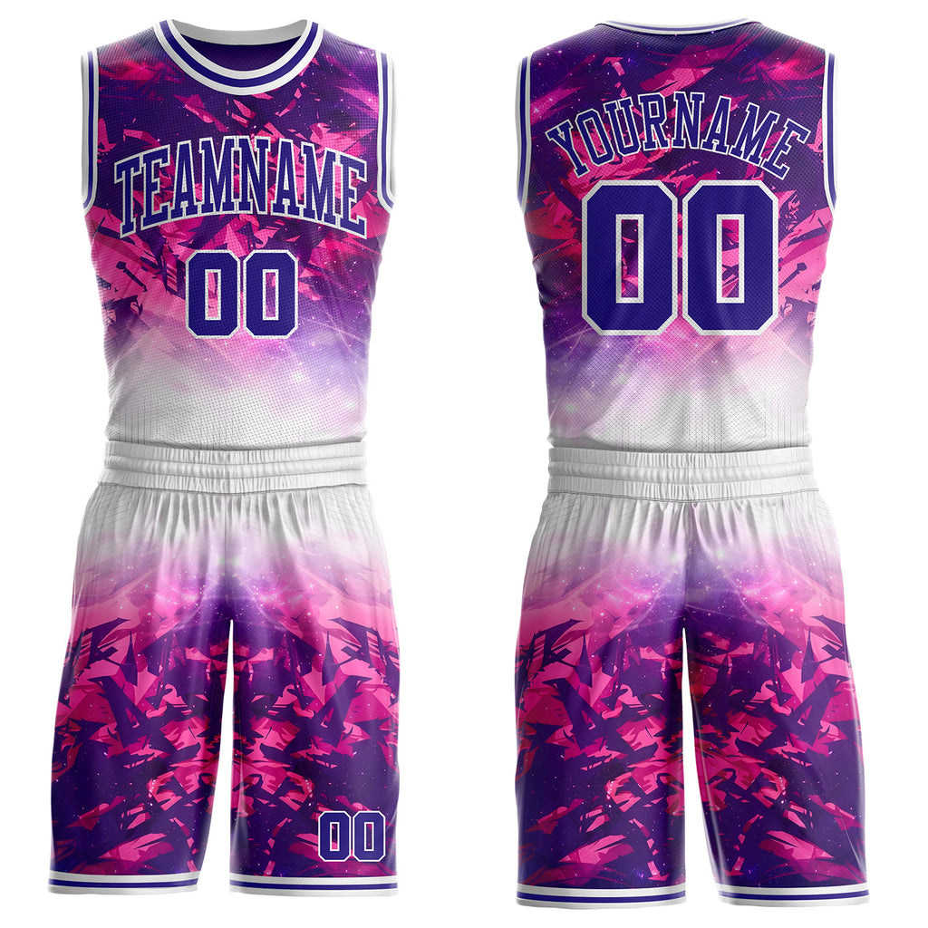 Custom White Dark Purple-Pink Nebula Starry Galaxy Space Round Neck Sublimation Basketball Uniform Jersey