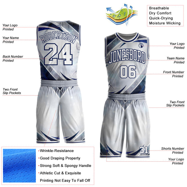 Custom White Gray-Navy Nebula Starry Galaxy Space Round Neck Sublimation Basketball Uniform Jersey