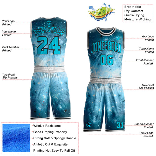 Custom Blue Lakes Blue Black-White Nebula Starry Galaxy Space Round Neck Sublimation Basketball Uniform Jersey