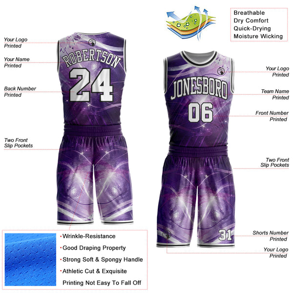 Custom Purple White-Black Nebula Starry Aurora Galaxy Space Round Neck Sublimation Basketball Uniform Jersey