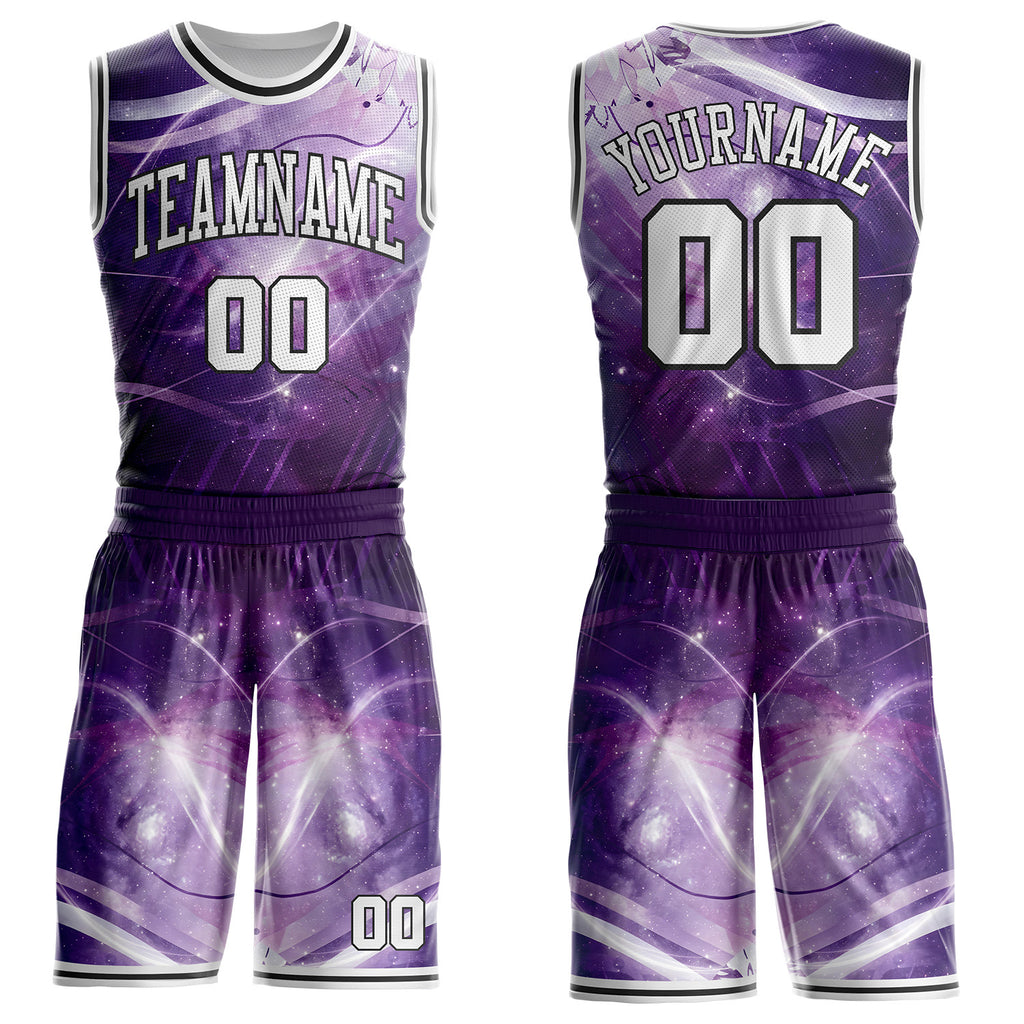 Custom Purple White-Black Nebula Starry Aurora Galaxy Space Round Neck Sublimation Basketball Uniform Jersey