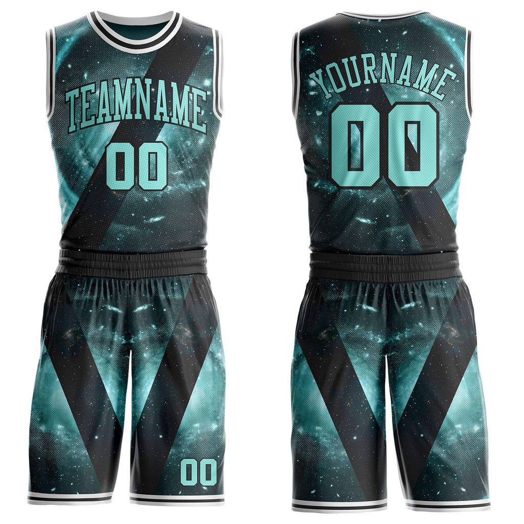 Custom Black Ice Blue-White Nebula Starry Galaxy Space Round Neck Sublimation Basketball Uniform Jersey