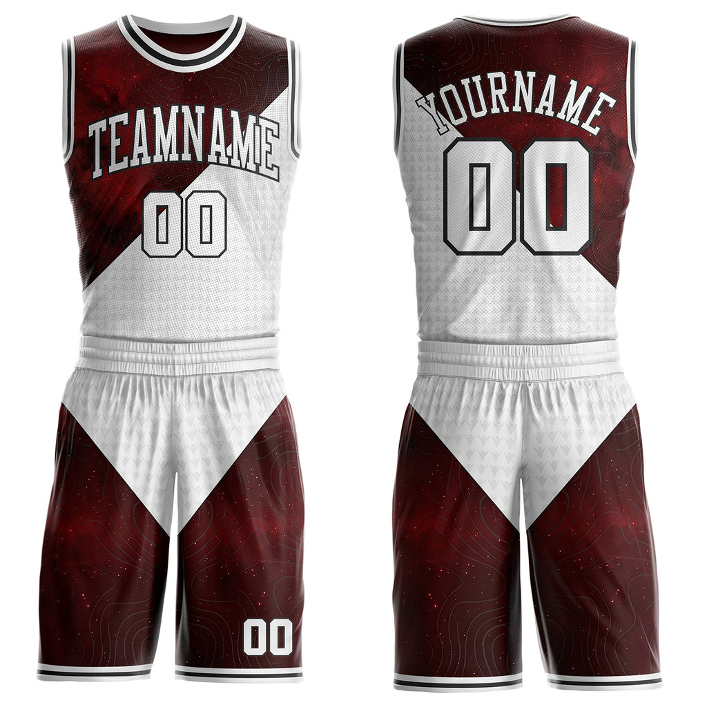Custom White Red-Black Nebula Starry Galaxy Space Geometric Round Neck Sublimation Basketball Uniform Jersey