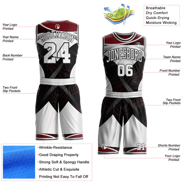 Custom White Red-Black Nebula Starry Galaxy Space Geometric Round Neck Sublimation Basketball Uniform Jersey