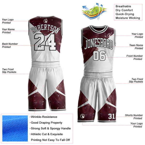 Custom White Red-Black Nebula Starry Galaxy Space Geometric Round Neck Sublimation Basketball Uniform Jersey
