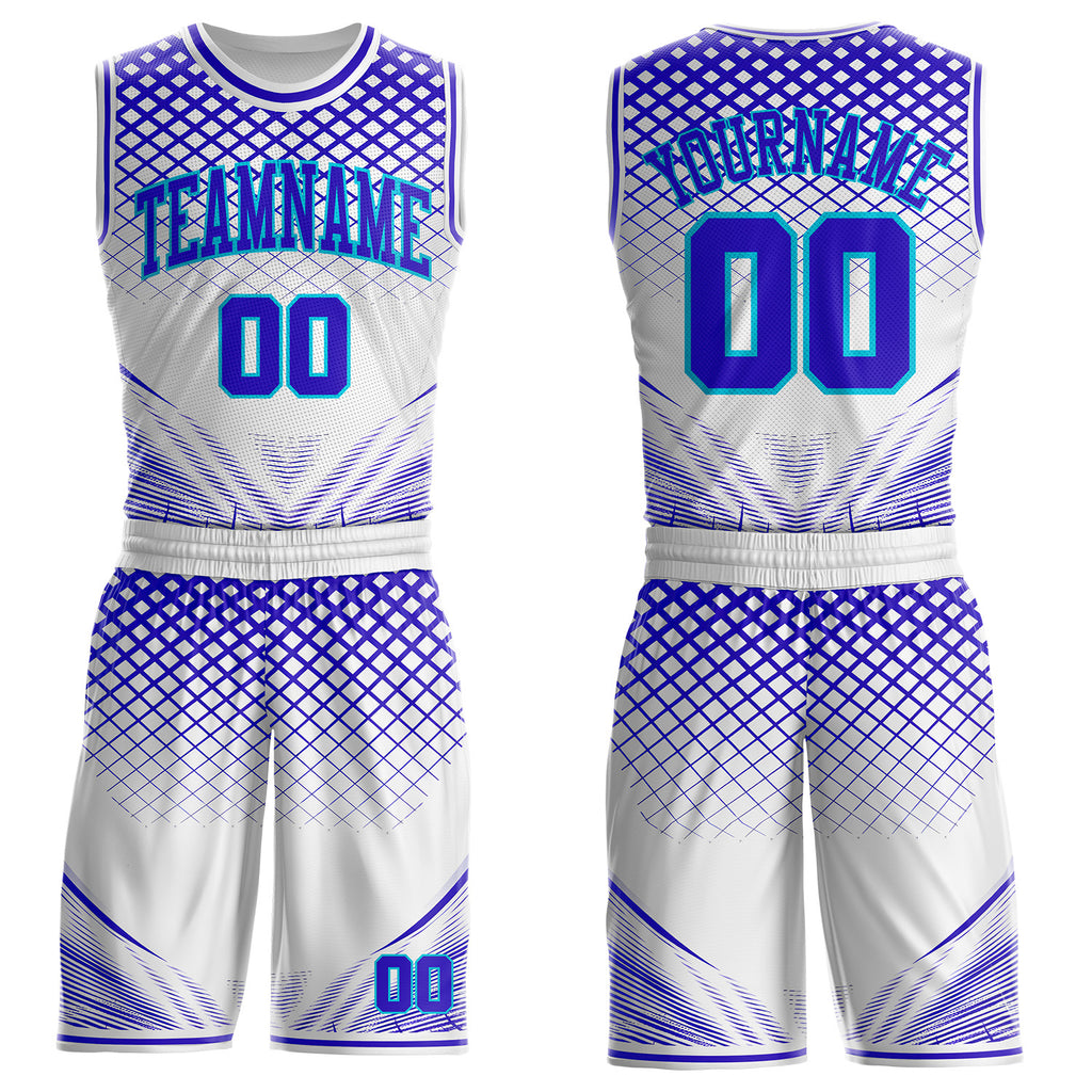 Custom White Purple-Lakes Blue Geometric Grid Round Neck Sublimation Basketball Uniform Jersey