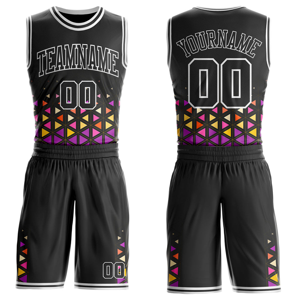 Custom Black Purple Yellow-White Geometric Triangle Round Neck Sublimation Basketball Uniform Jersey