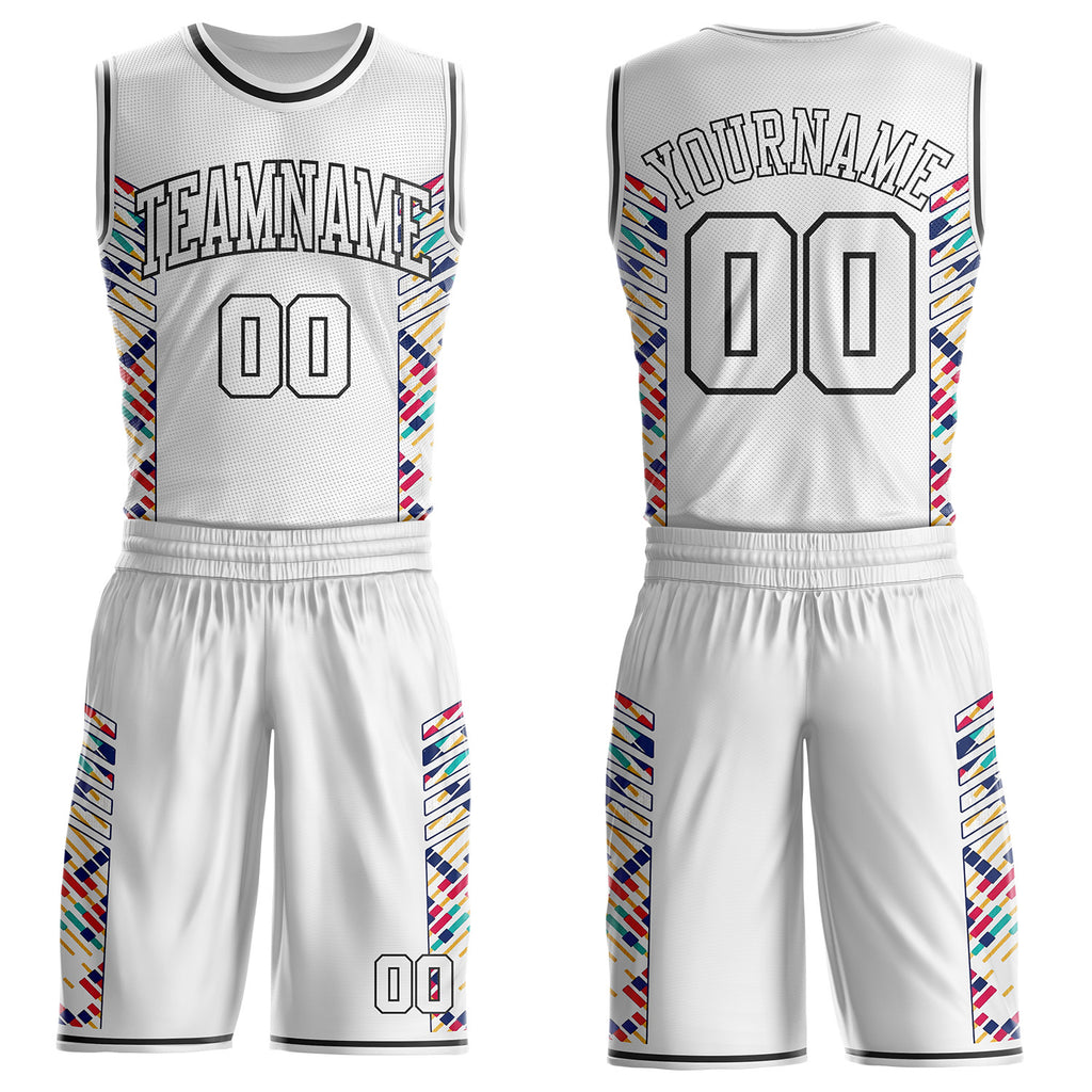 Custom White Pink Yellow-Black Tribal Stripe Round Neck Sublimation Basketball Uniform Jersey