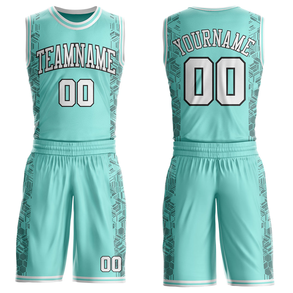 Custom Ice Blue White-Black Geometric Hexagon Line Net Round Neck Sublimation Basketball Uniform Jersey