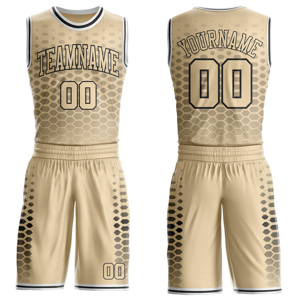 Custom City Cream Black-White Geometric Hexagon Gradient Round Neck Sublimation Basketball Uniform Jersey