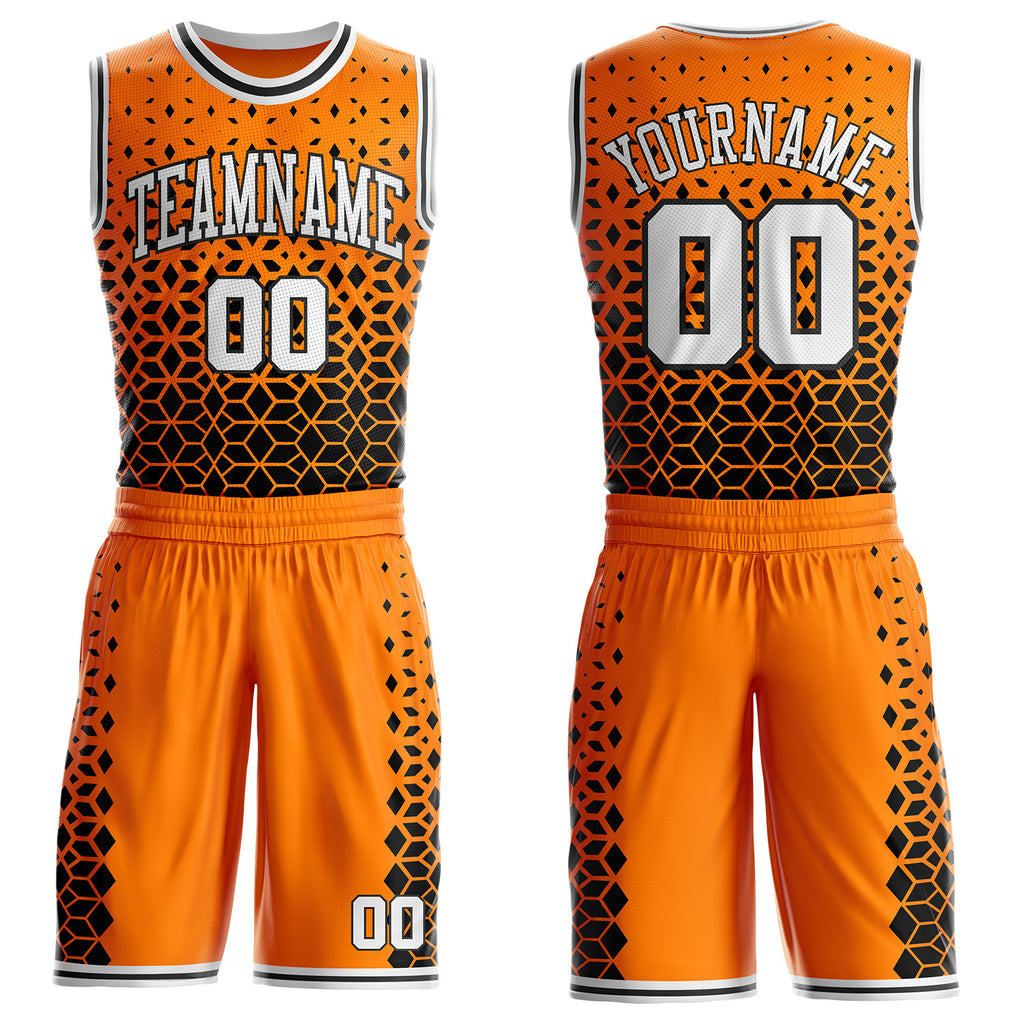 Custom Bay Orange White-Black Geometric Hexagon Gradient Round Neck Sublimation Basketball Uniform Jersey