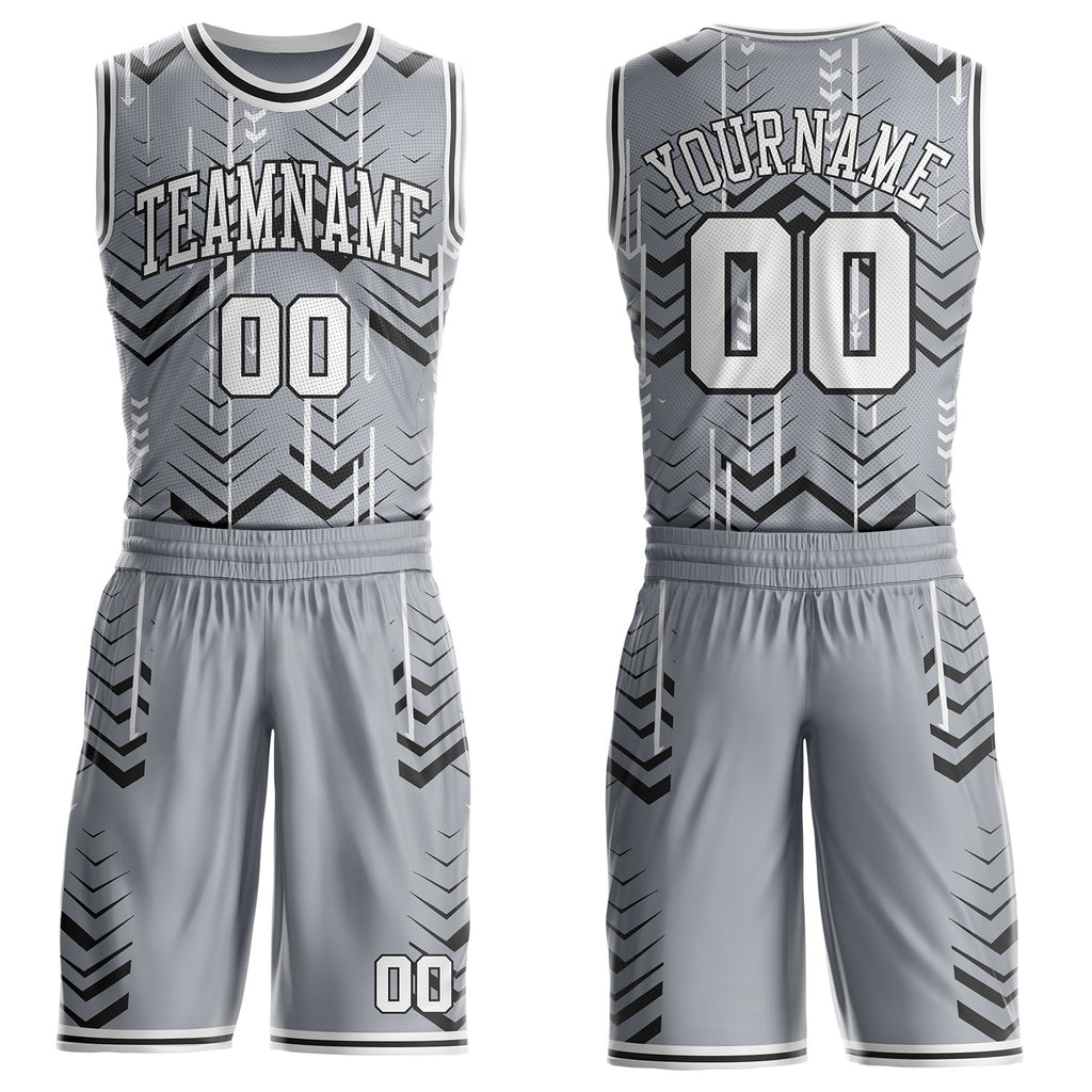 Custom Gray White-Black Geometric Chevron Pattern Round Neck Sublimation Basketball Uniform Jersey