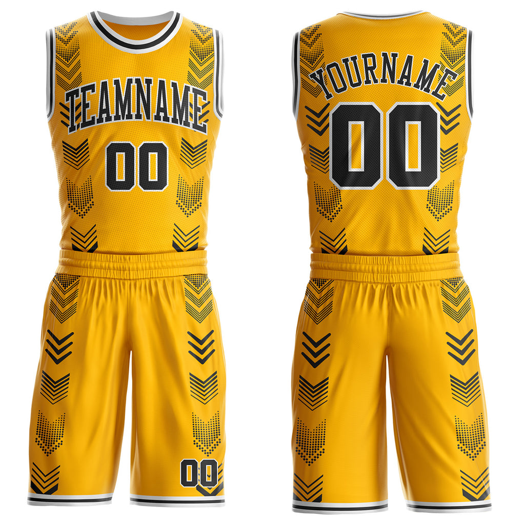 Custom Gold Black-White Geometric Chevron Pattern Round Neck Sublimation Basketball Uniform Jersey