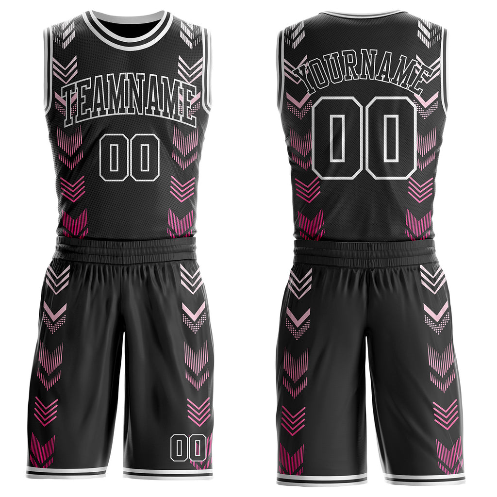 Custom Black-White Geometric Chevron Pattern Round Neck Sublimation Basketball Uniform Jersey