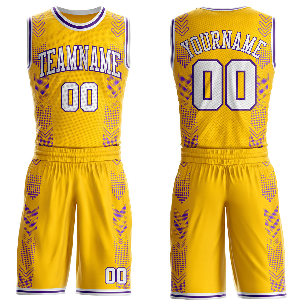 Custom Gold White-Purple Geometric Chevron Pattern Round Neck Sublimation Basketball Uniform Jersey