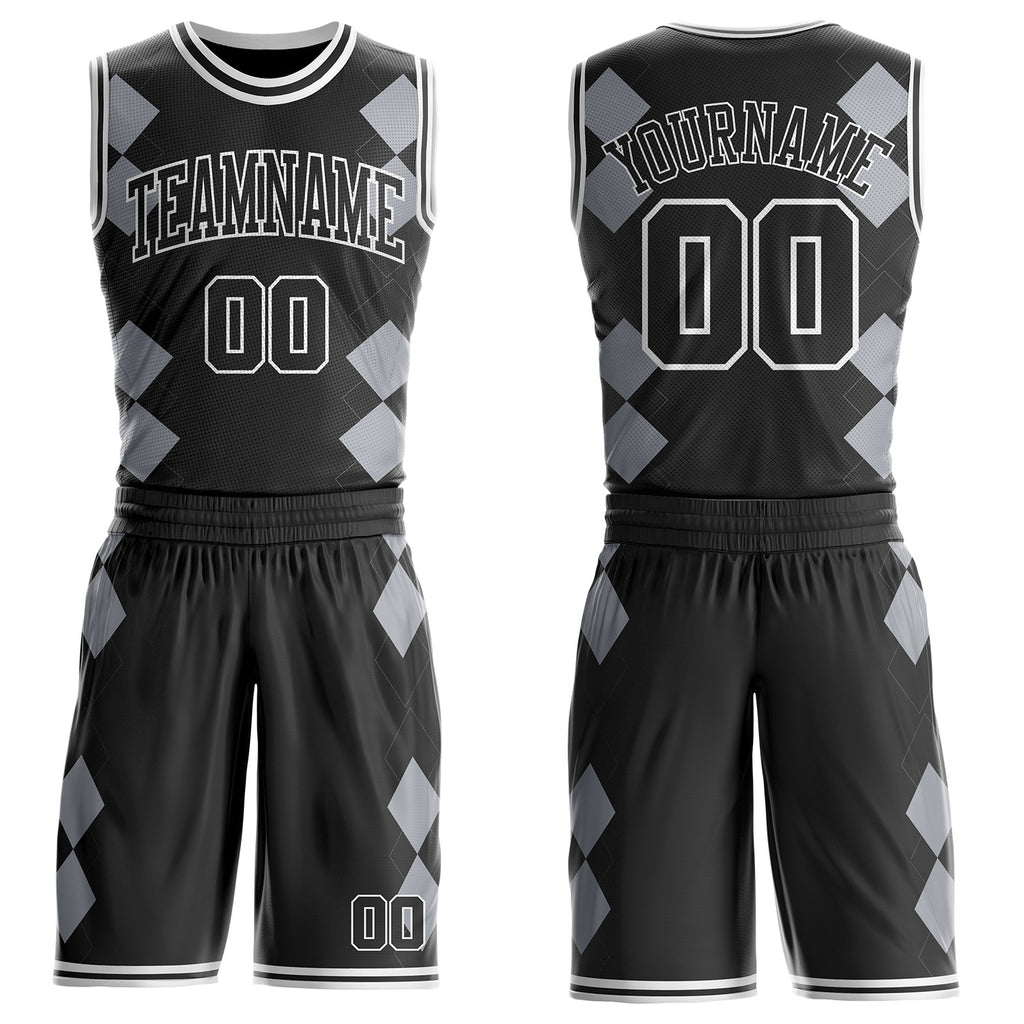 Custom Black Gray-White Geometric Diamond Grid Round Neck Sublimation Basketball Uniform Jersey