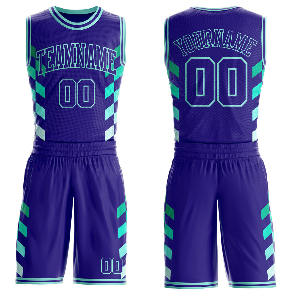 Custom Dark Purple-Ice Blue Geometric Side Stripe Gradient Round Neck Sublimation Basketball Uniform Jersey