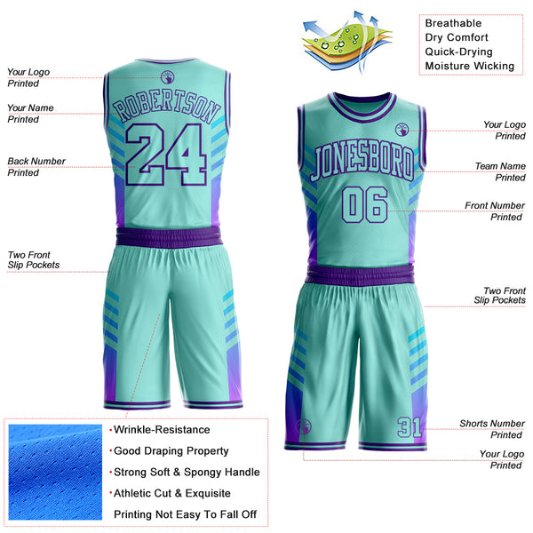 Custom Ice Blue-Purple Geometric Side Stripe Gradient Round Neck Sublimation Basketball Uniform Jersey