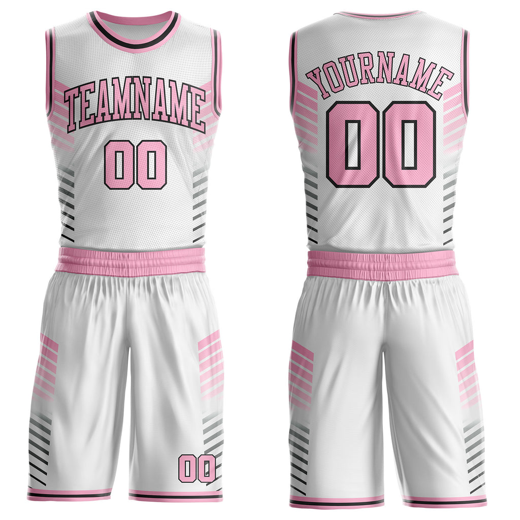 Custom White Light Pink-Black Geometric Stripe Round Neck Sublimation Basketball Uniform Jersey