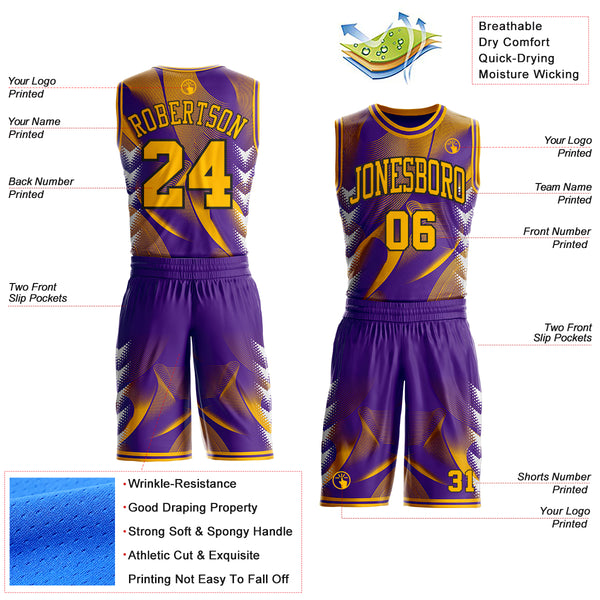 Custom Purple Gold-Black Wave Gradient Dot Round Neck Sublimation Basketball Uniform Jersey