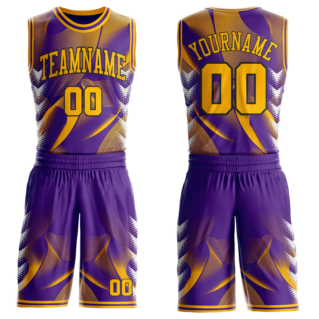 Custom Purple Gold-Black Wave Gradient Dot Round Neck Sublimation Basketball Uniform Jersey