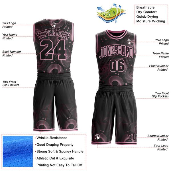 Custom Black-Light Pink Geometric Swirl Wave Lines Round Neck Sublimation Basketball Uniform Jersey