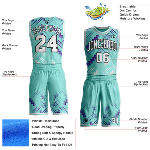 Custom Ice Blue White Purple-Black Geometric Wave Gradient Round Neck Sublimation Basketball Uniform Jersey