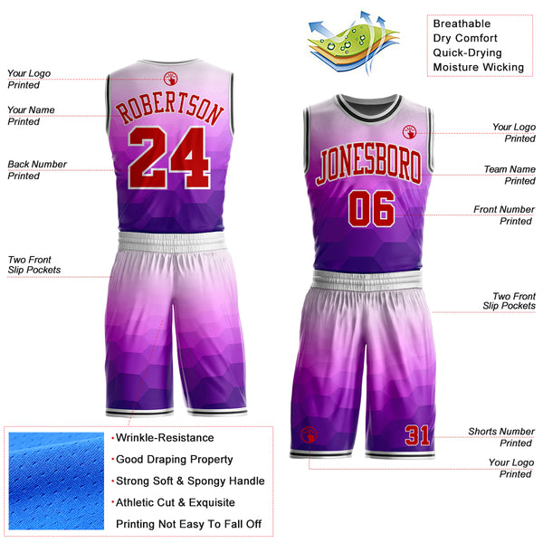 Custom Purple Red White-Black Hexagon Gradient Round Neck Sublimation Basketball Uniform Jersey