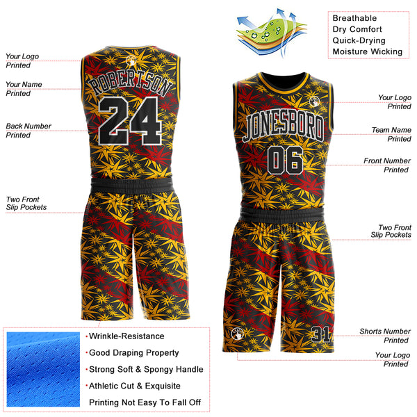 Custom Black Gold Red-White Star Gradient Round Neck Sublimation Basketball Uniform Jersey