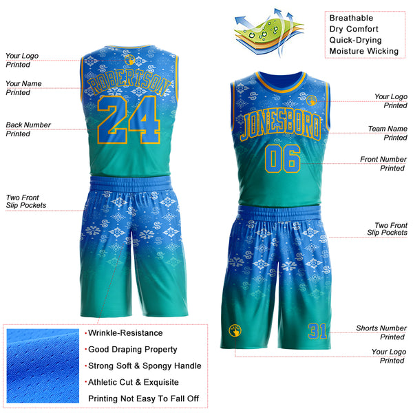 Custom Powder Blue Aqua-Gold Floral Texture Gradient Round Neck Sublimation Basketball Uniform Jersey