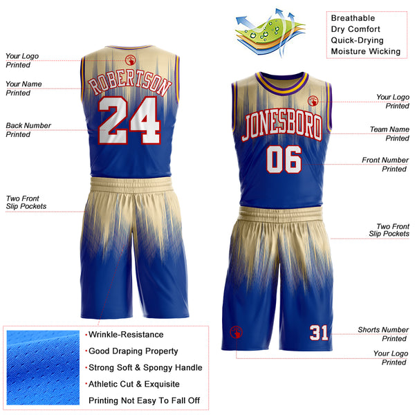 Custom Cream White Royal Red Purple-Gold Speed Line Gradient Round Neck Sublimation Basketball Uniform Jersey
