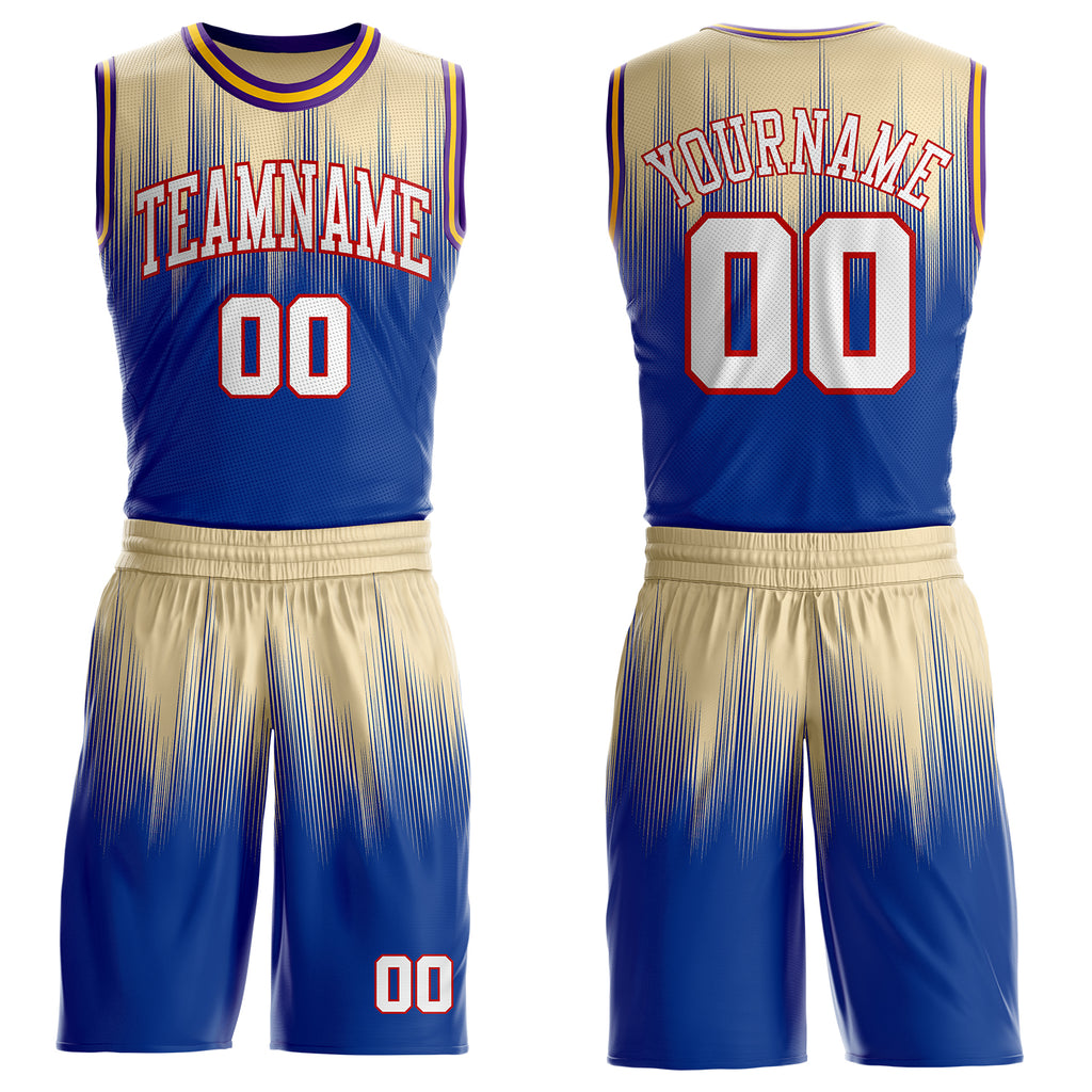 Custom Cream White Royal Red Purple-Gold Speed Line Gradient Round Neck Sublimation Basketball Uniform Jersey