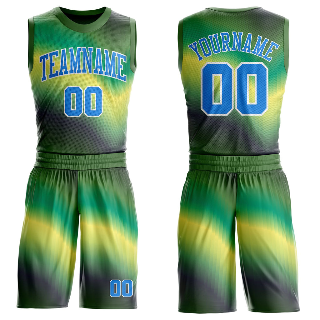 Custom Green Powder Blue Yellow-White Gradient Wave Texture Round Neck Sublimation Basketball Uniform Jersey