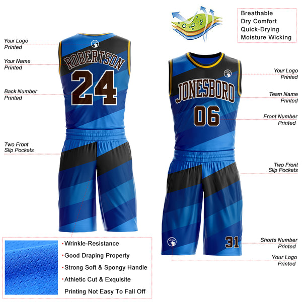 Custom Blue Brown Black White-Gold Diagonal Stripe Gradient Round Neck Sublimation Basketball Uniform Jersey