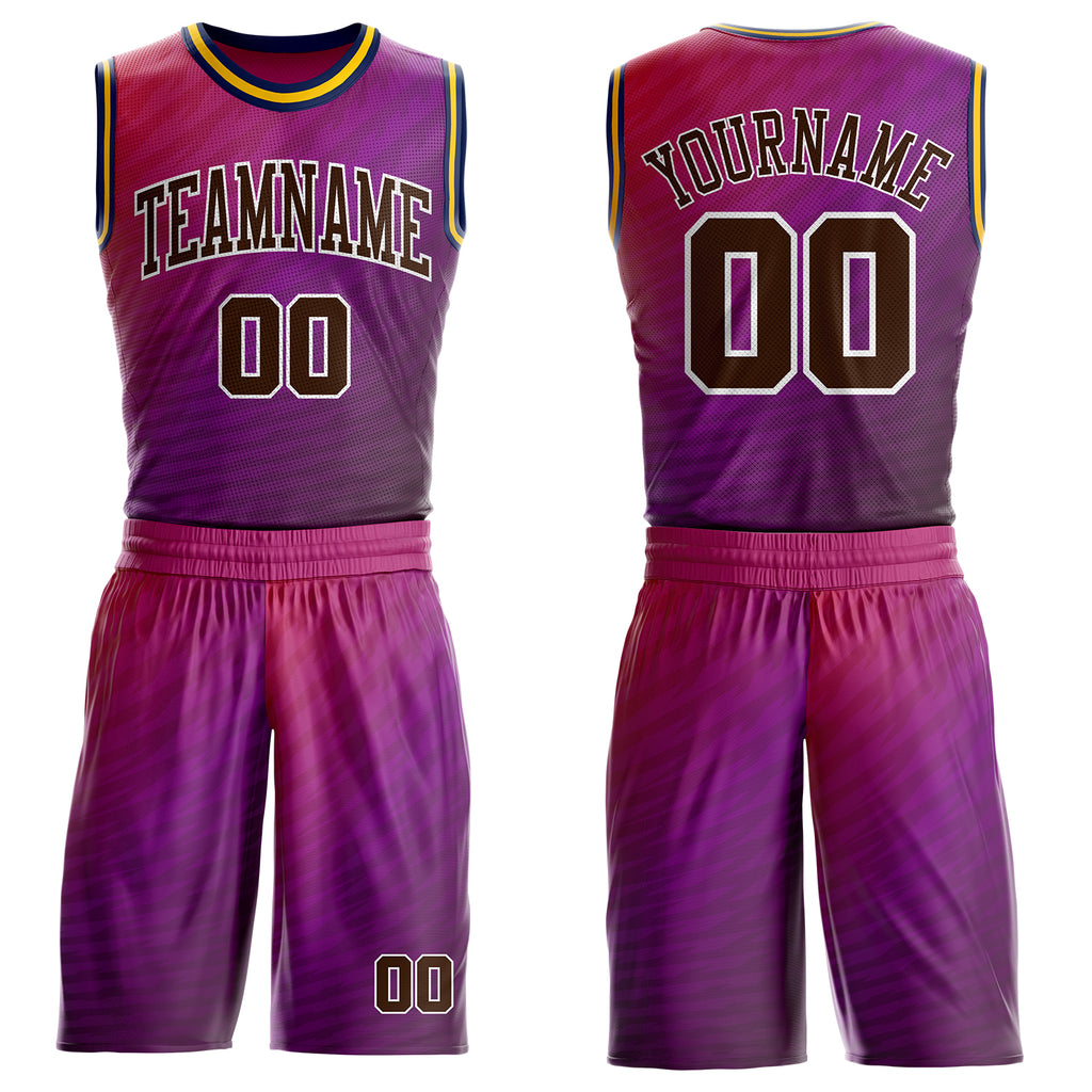 Custom Purple Brown Pink White Navy-Gold Horizontal Stripe Gradient Round Neck Sublimation Basketball Uniform Jersey