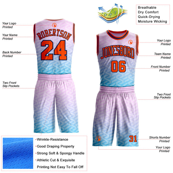 Custom Pink Orange Blue-Navy Geometric Maze Gradient Round Neck Sublimation Basketball Uniform Jersey