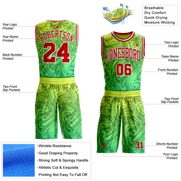 Custom Green Red Yellow-White Gradient Marble Texture Fluid Round Neck Sublimation Basketball Uniform Jersey