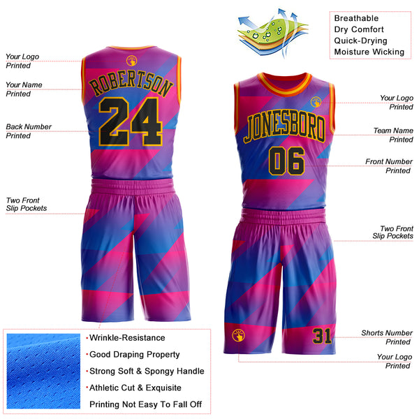 Custom Pink Black Blue Gold-Orange Geometric Triangle Gradient Round Neck Sublimation Basketball Uniform Jersey