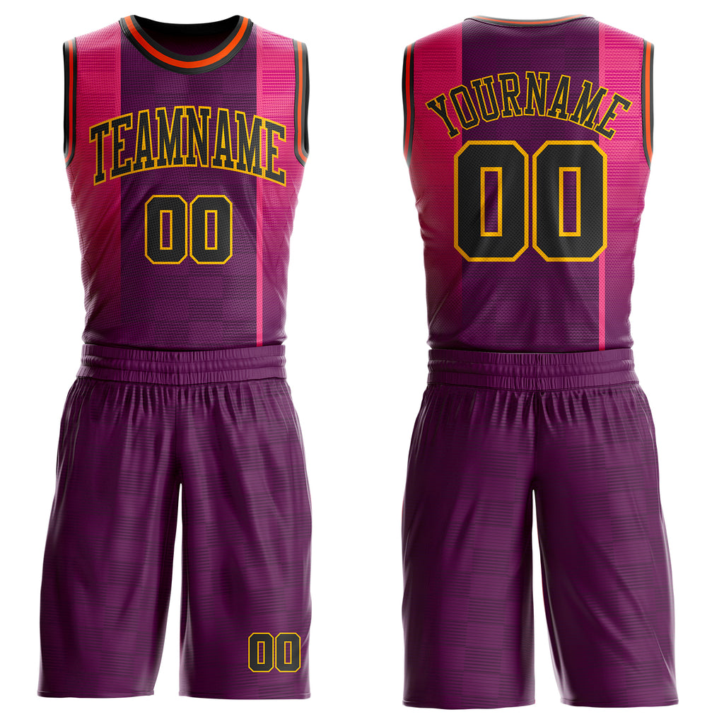 Custom Purple Black Pink Gold-Orange Gradient Line Round Neck Sublimation Basketball Uniform Jersey