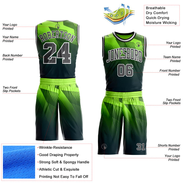 Custom Green Steel Gray White-Black Geometric Line Gradient Round Neck Sublimation Basketball Uniform Jersey