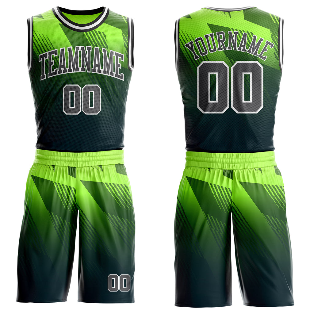 Custom Green Steel Gray White-Black Geometric Line Gradient Round Neck Sublimation Basketball Uniform Jersey
