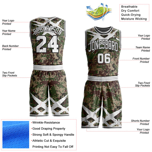 Custom Camo White-Black Digital Camouflage Claw Round Neck Sublimation Salute To Service Basketball Uniform Jersey
