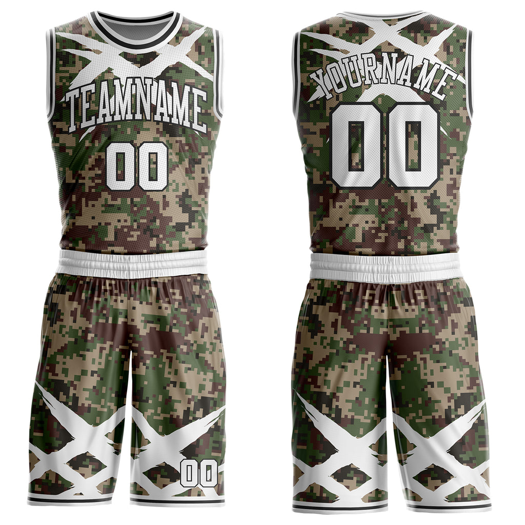 Custom Camo White-Black Digital Camouflage Claw Round Neck Sublimation Salute To Service Basketball Uniform Jersey