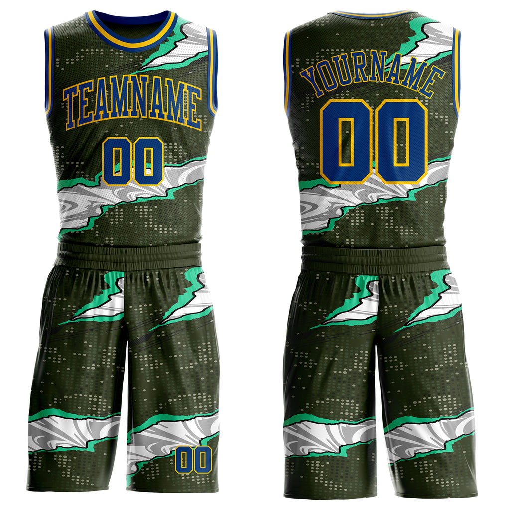 Custom Camo US Navy Blue-Yellow Digital Camouflage Torn Paper Style Round Neck Sublimation Salute To Service Basketball Uniform Jersey