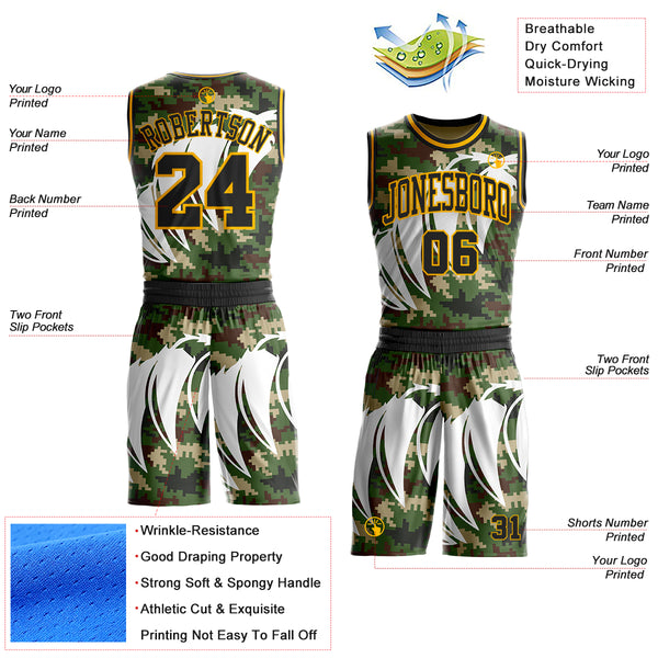 Custom Camo Black-Gold Woodland Camouflage Claw Round Neck Sublimation Salute To Service Basketball Uniform Jersey