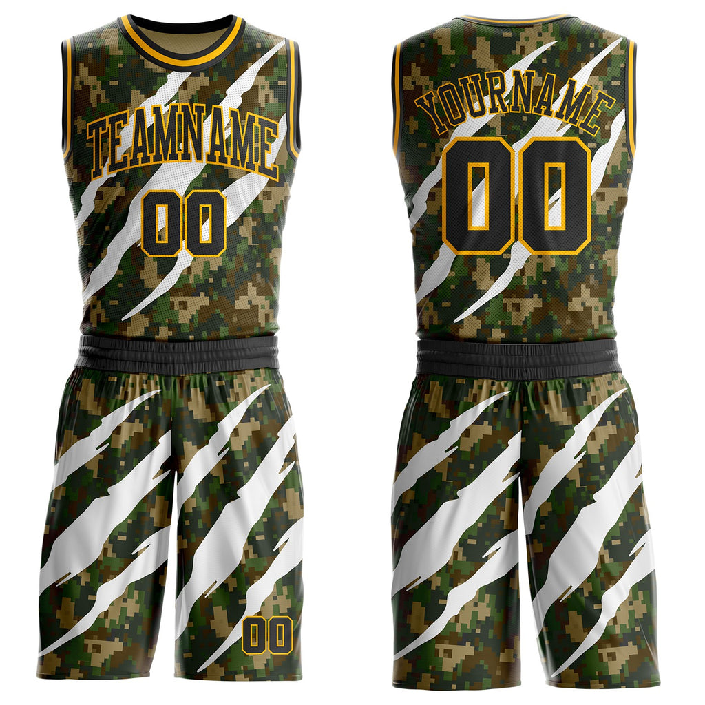 Custom Camo Black-Gold Woodland Camouflage Claw Scratch Round Neck Sublimation Salute To Service Basketball Uniform Jersey