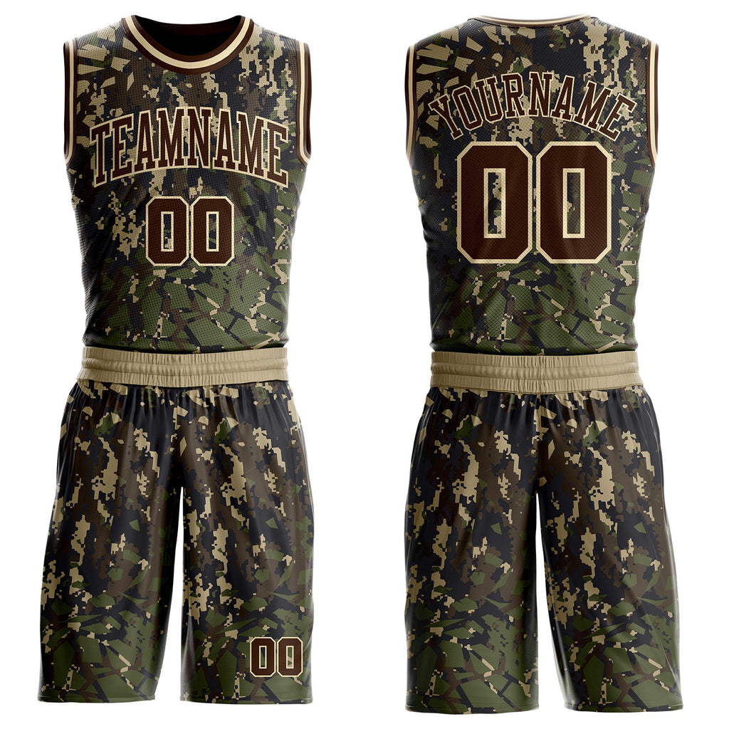 Custom Camo Brown-Cream Digital Camouflage Round Neck Sublimation Salute To Service Basketball Uniform Jersey